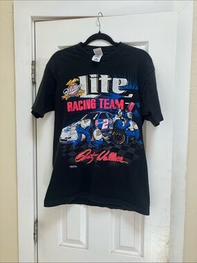 Vintage NASCAR Men’s Tshirt Black Racing Team Tee with Blue and Pink Graphics